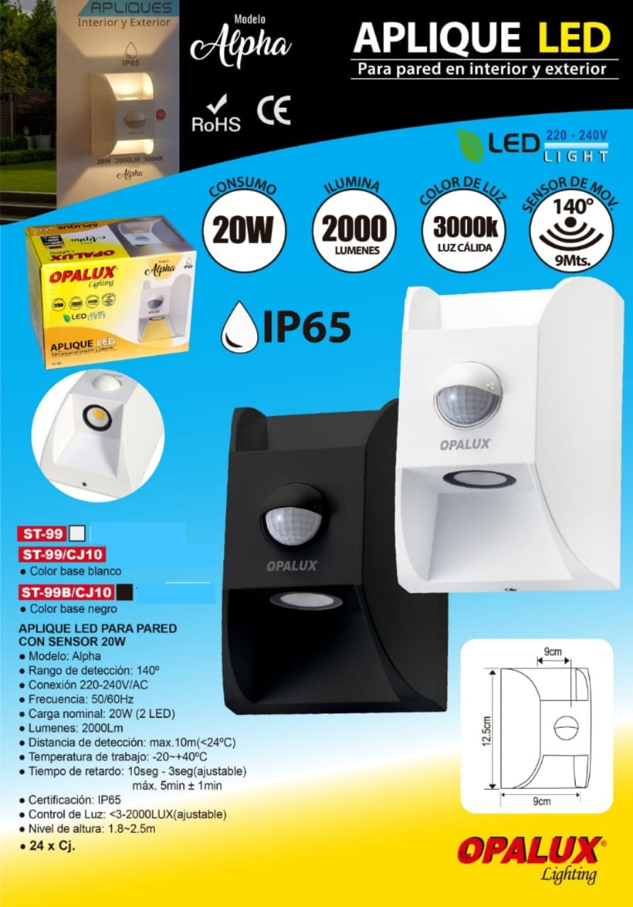 APLIQUE EXTERIOR ALPHA 20W CON SENSOR DE MOVIMIENTO