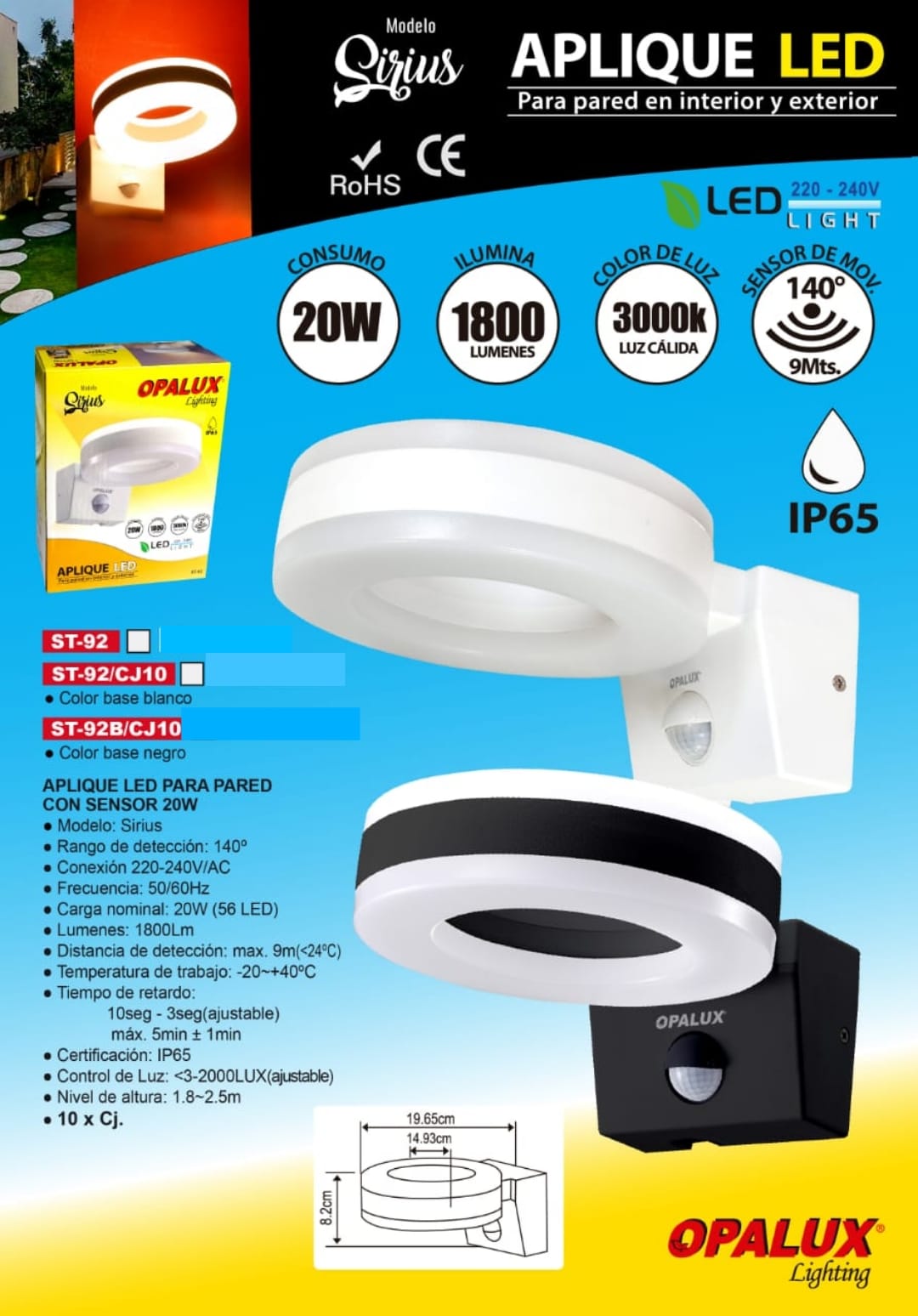 APLIQUE LED EXTERIOR CON SENSOR DE MOVIMIENTO SIRIUS 20W