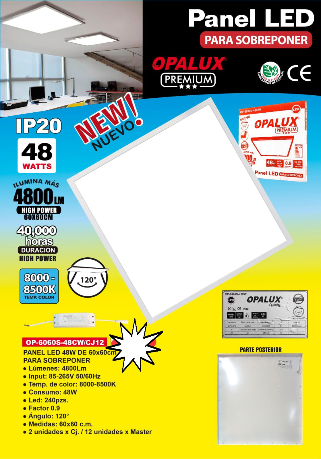 PANTALLA LED ADOSADA 48W 60X60