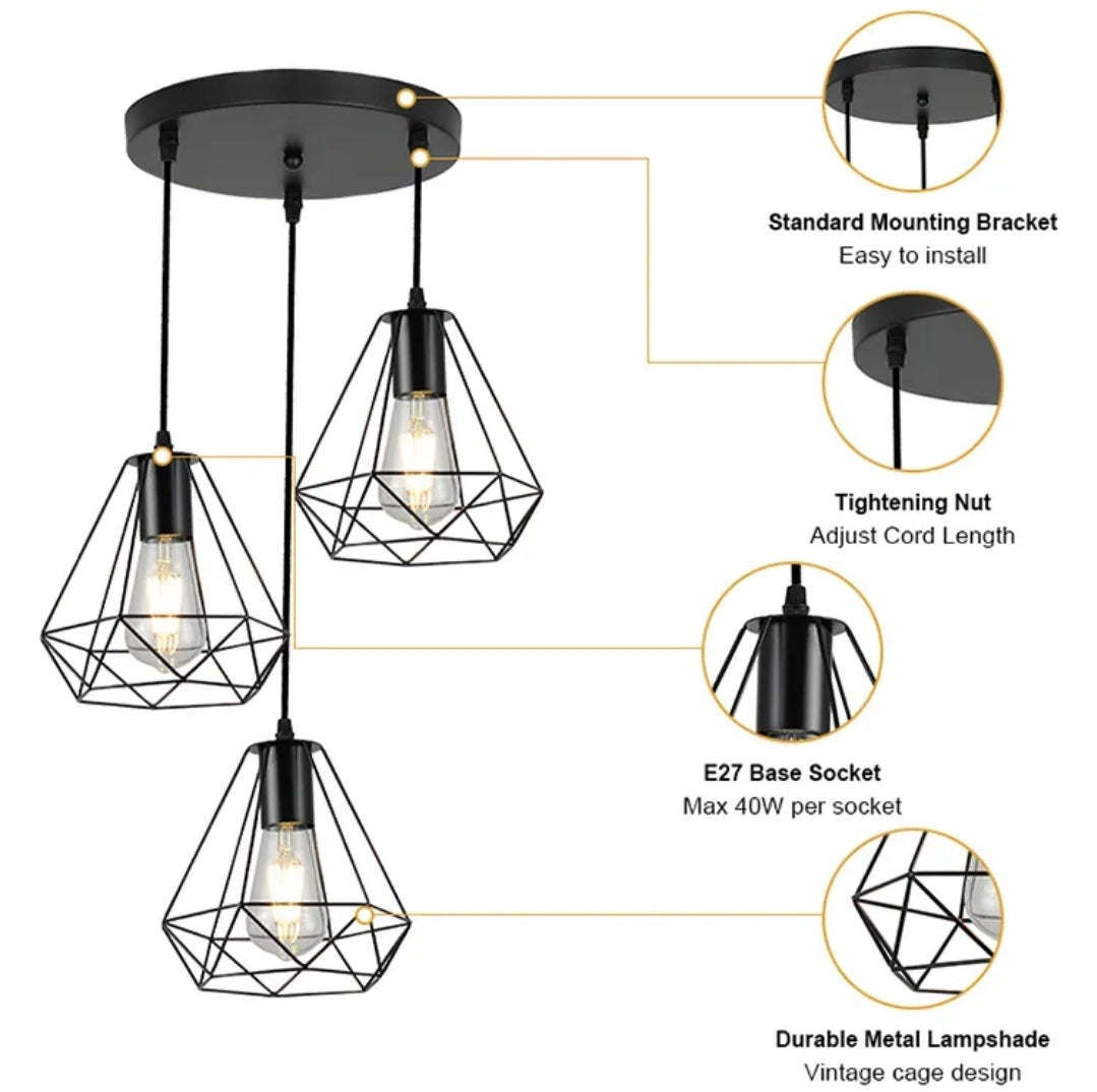 LAMPARA COLGANTE PRISMA NEGRA 3LUCES