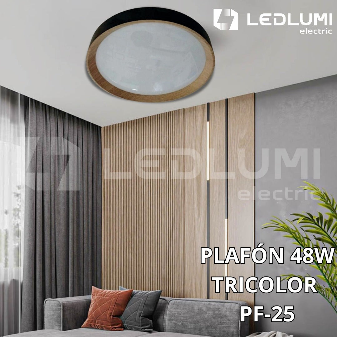 LAMPARA PLAFON PF25 LED TRICOLOR 48W NEGRO CON MADERA