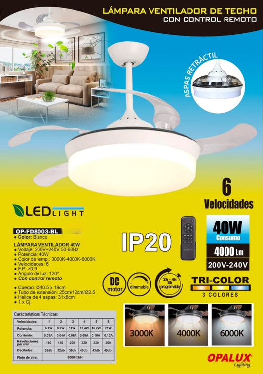 LÁMPARA VENTILADOR 40W FD8003-BL.