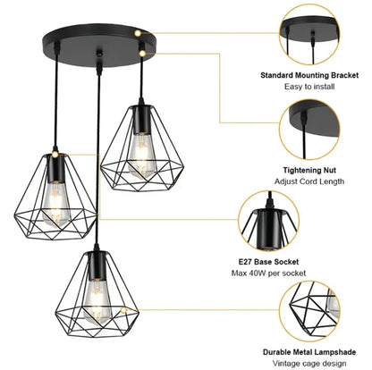 LAMPARA COLGANTE PRISMA NEGRA 3LUCES